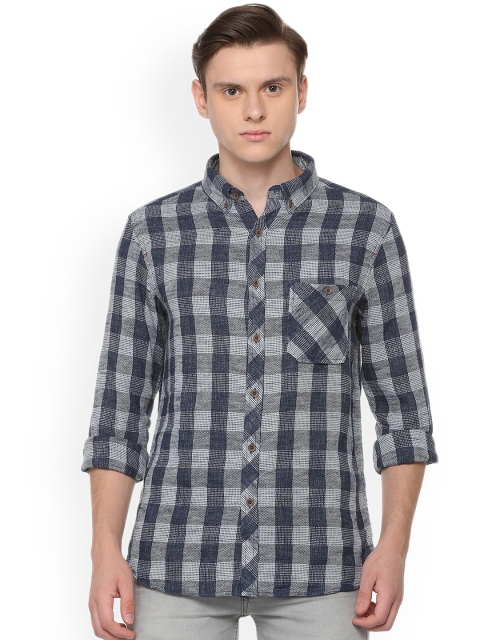 

People Men Grey & Blue Regular Fit Checked Casual Shirt