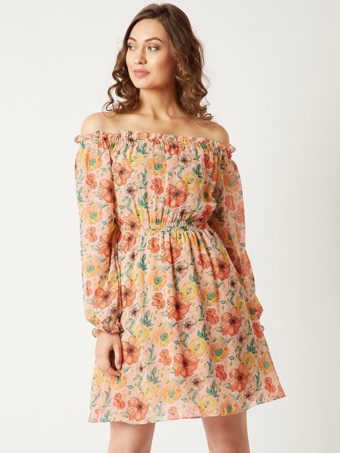 

Miss Chase Women Peach-Coloured Printed Fit and Flare Dress