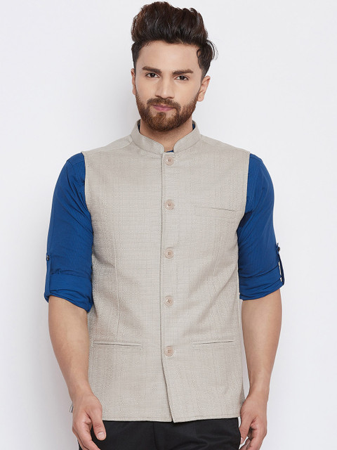 

even Men Beige Checked Woven Nehru Jacket