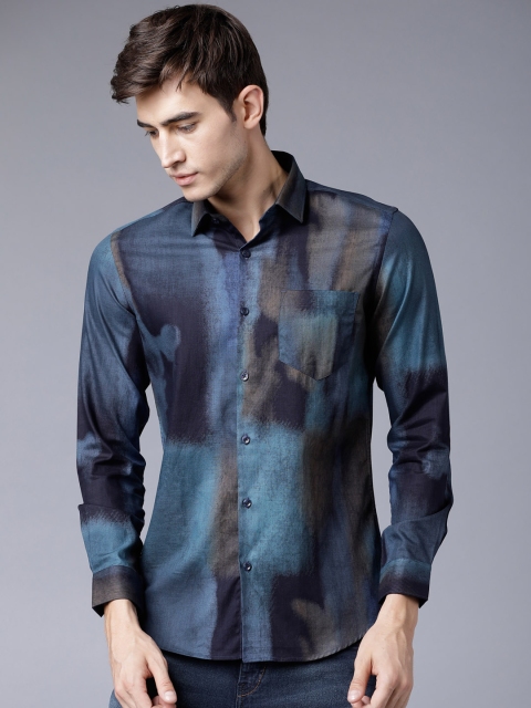 

Black coffee Men Navy Blue & Blue Slim Fit Printed Formal Shirt