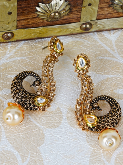 

Shining Diva Gold-Plated & Black Peacock Shaped Drop Earrings