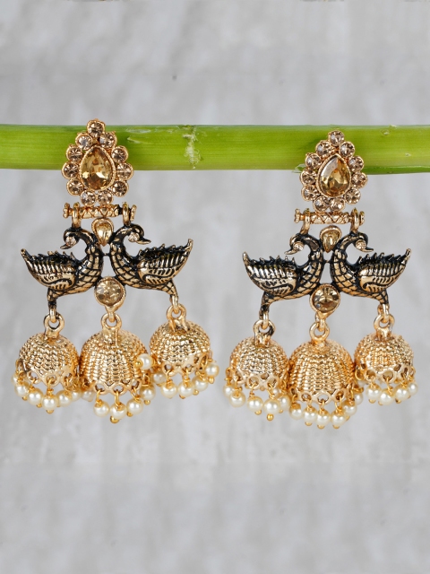

Shining Diva Gold-Plated & Black Peacock Shaped Jhumkas