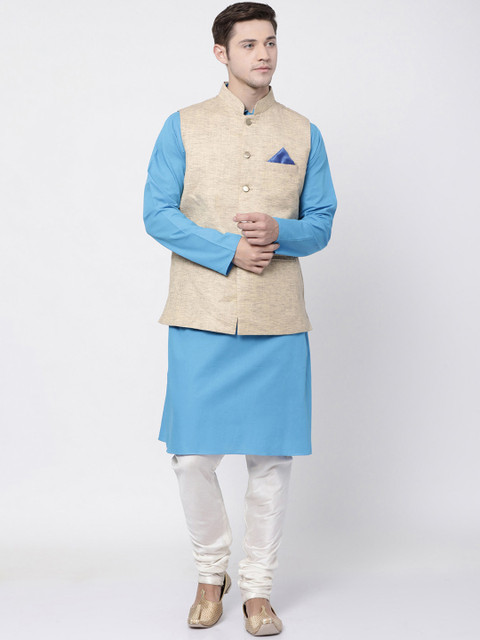 

TABARD Men Beige & Blue Solid Kurta with Churidar & Nehru Jacket