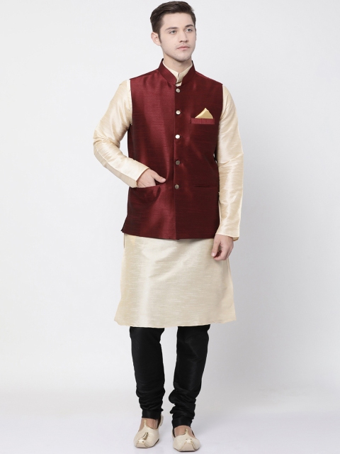 

TABARD Men Maroon & Golden-Colored Solid Kurta with Churidar & Nehru Jacket