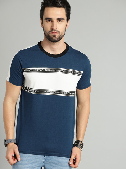 

Roadster Men Blue & White Colourblocked Round Neck T-shirt
