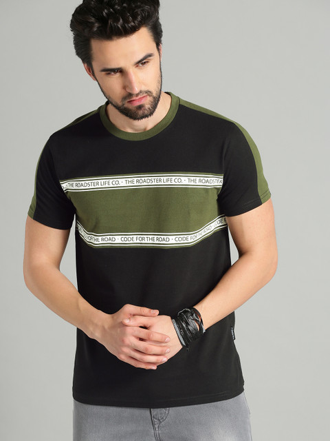 

Roadster Men Black & Olive Green Colourblocked Round Neck T-shirt