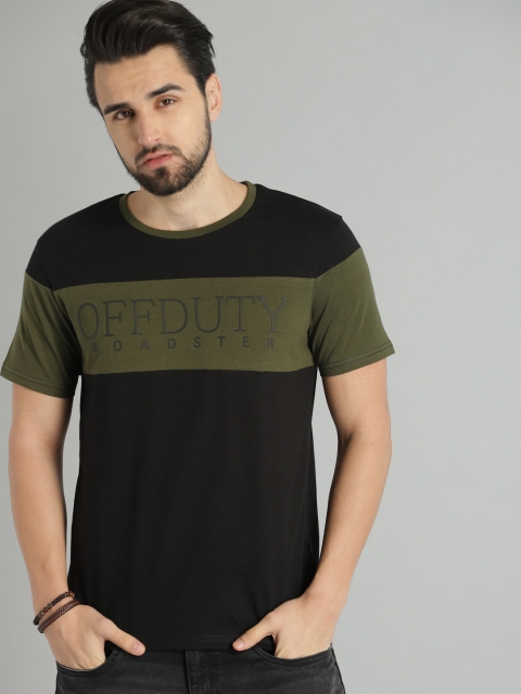 

The Roadster Lifestyle Co Men Black Olive Green Printed Round Neck Pure Cotton T-shirt