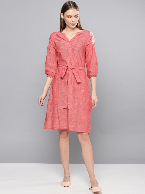 

Chemistry Women Solid Coral Red Embroidered A-Line Dress