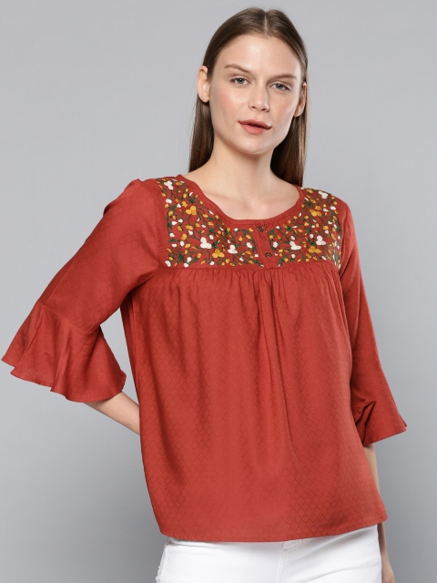 

Chemistry Women Rust Orange Embroidered A-Line Top