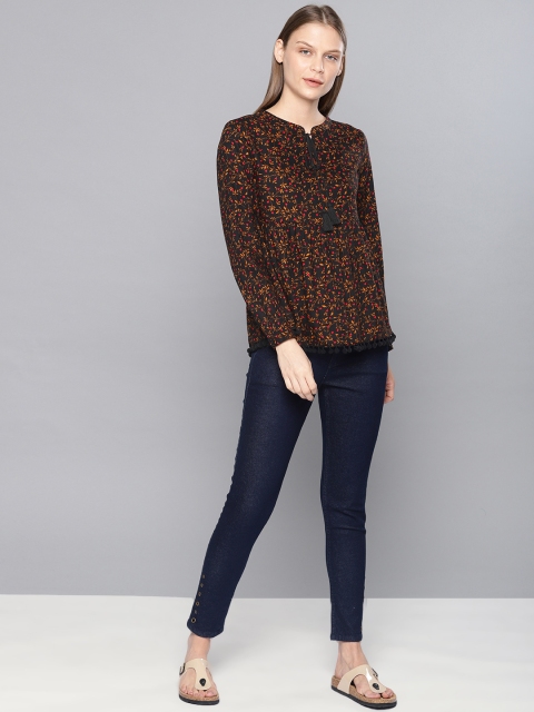 

Chemistry Women Black & Brown Printed Peplum Top