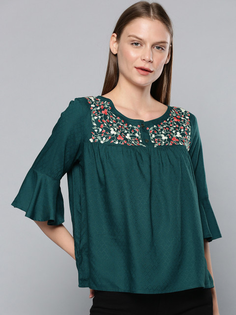 

Chemistry Women Teal Green Embroidered A-Line Top