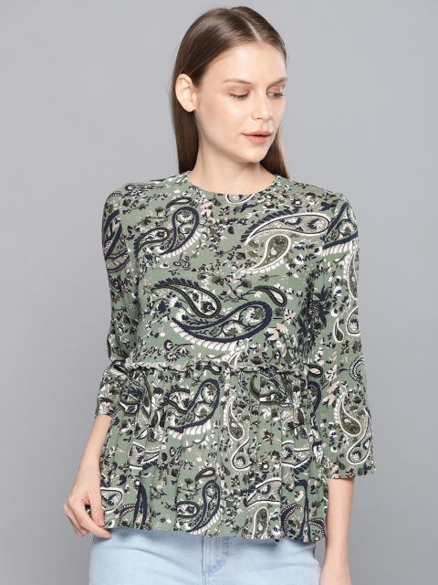 

Chemistry Women Olive Green Printed Peplum Top