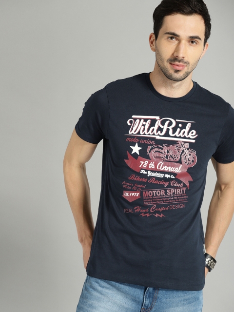 

Roadster Men Navy Blue Printed Round Neck T-shirt
