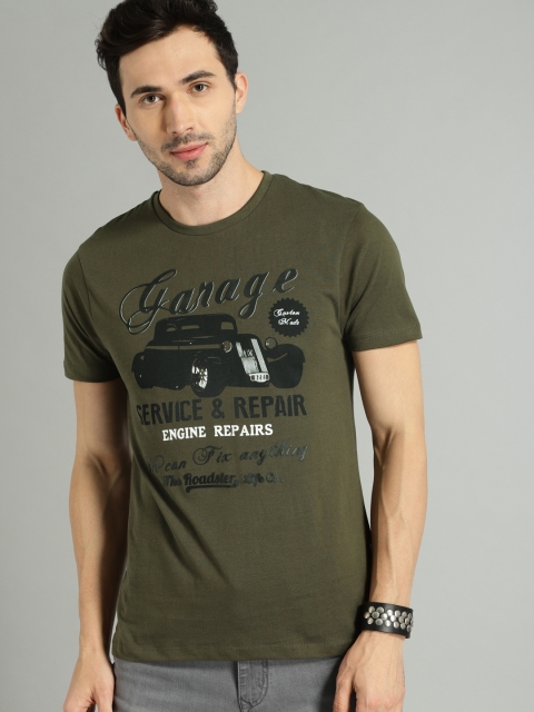 

Roadster Men Olive Green Printed Round Neck T-shirt