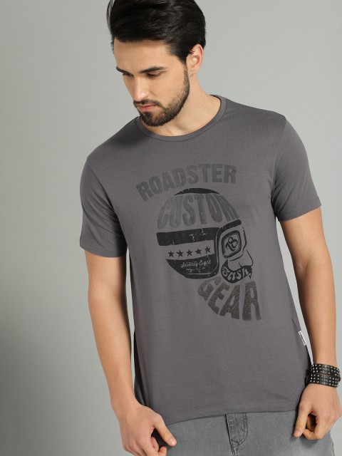 

The Roadster Lifestyle Co Men Charcoal Grey Printed Round Neck Pure Cotton T-shirt