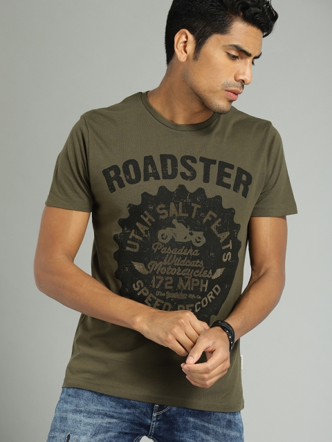 

Roadster Men Olive Green Printed Round Neck T-shirt