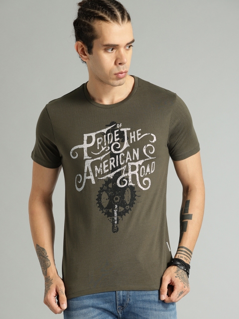 

The Roadster Lifestyle Co Men Olive Green Printed Round Neck Pure Cotton T-shirt