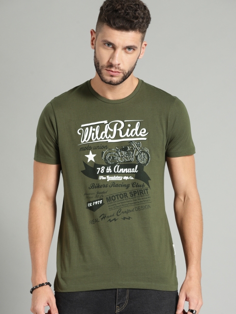 

Roadster Men Olive Green Printed Round Neck T-shirt