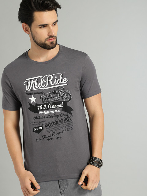 

Roadster Men Charcoal Grey Printed Round Neck T-shirt