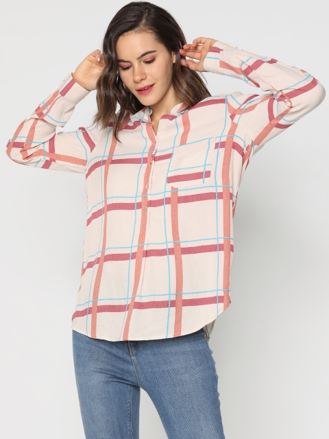 

ONLY Women Cream-Coloured & Red Regular Fit Checked Casual Shirt