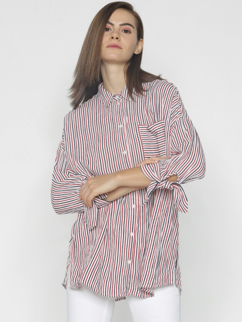 

ONLY Women White & Red Slim Fit Striped Longline Casual Shirt