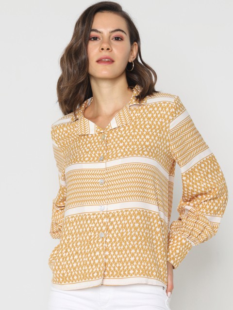 

ONLY Women Mustard Yellow & Off-White Regular Fit Printed Casual Shirt