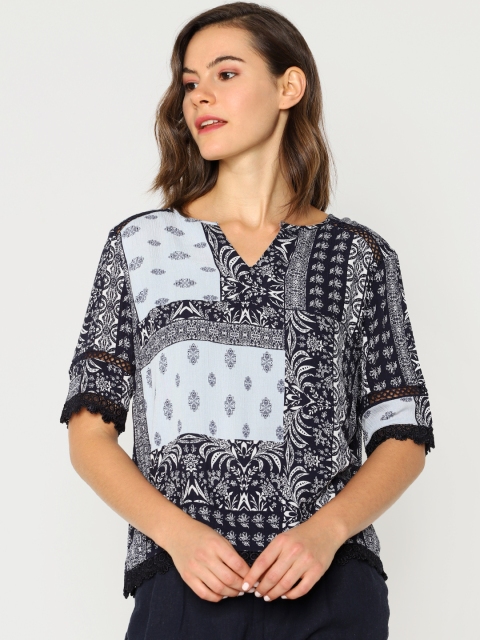 

ONLY Women Navy Blue & White Printed Top