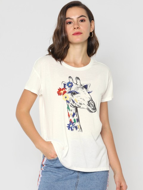 

ONLY Women White Printed Round Neck T-shirt