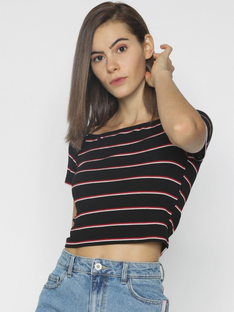 

ONLY Women Black & Red Striped Fitted Bardot Crop Top