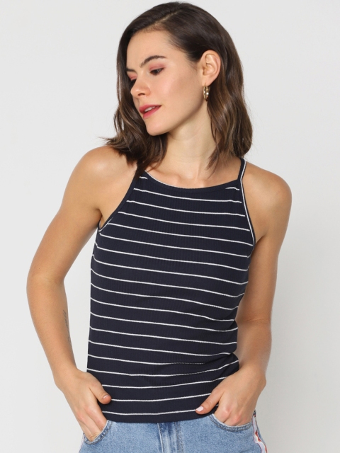 

ONLY Women Navy Blue & White Striped Round Neck T-shirt