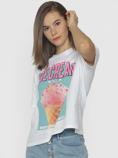 

ONLY Women White Printed Round Neck T-shirt