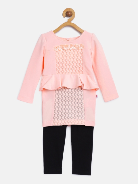 

Peppermint Girls Peach-Coloured Self Design Peplum Dress with Black Leggings