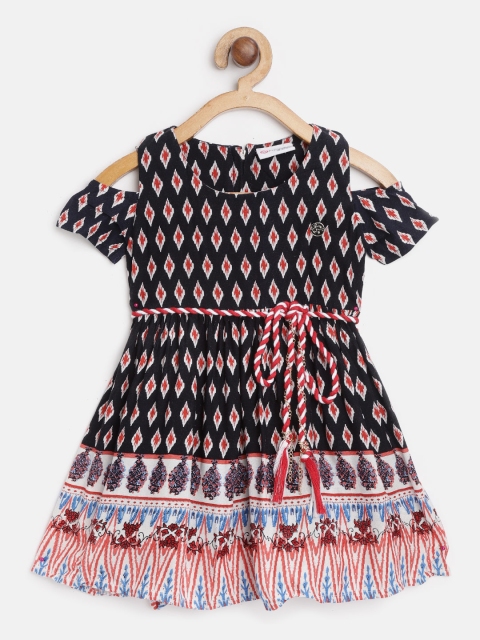 

Peppermint Girls Navy Blue & Red Printed Fit and Flare Dress with Belt