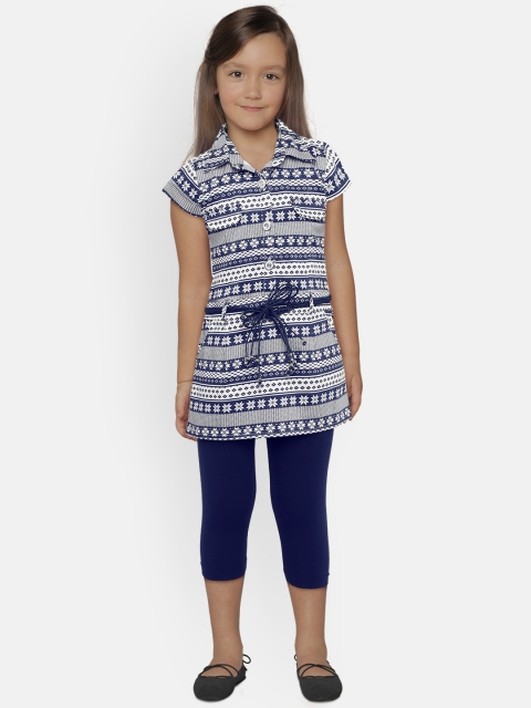 

Peppermint Girls Printed Navy Blue Shirt Dress with Leggings
