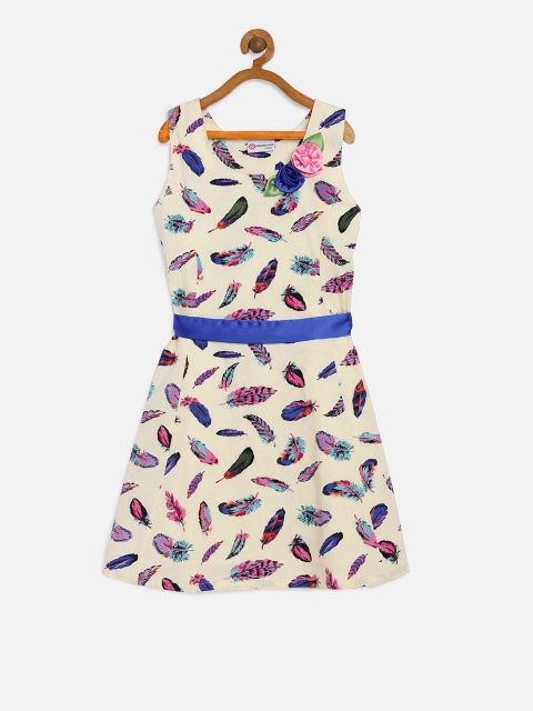 

Peppermint Girls Cream-Coloured & Blue Printed A-Line Dress