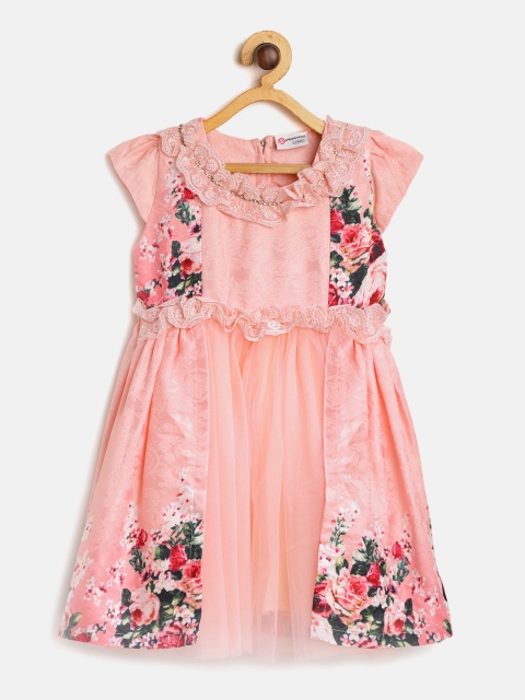 

Peppermint Girls Peach-Coloured Self-Design Fit and Flare Dress