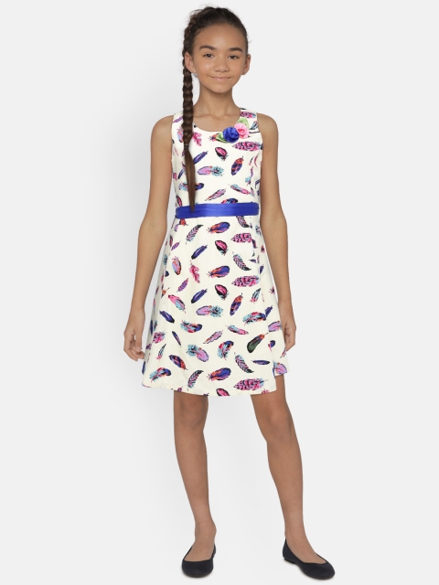 

Peppermint Girls Cream-Coloured Printed Fit and Flare Dress