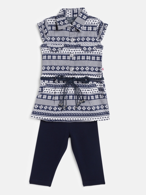 

Peppermint Girls Printed Navy Blue & White Drop-Waist Dress