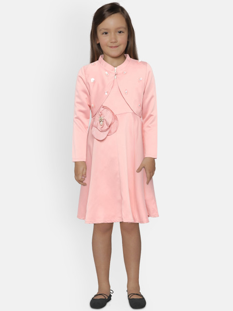

Peppermint Girls Peach-Coloured Solid Fit and Flare Dress With Leggings & Shrug