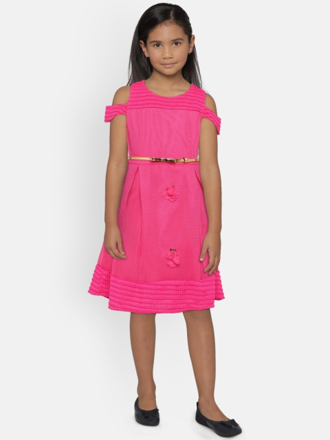 

Peppermint Girls Pink Self Design Fit and Flare Dress
