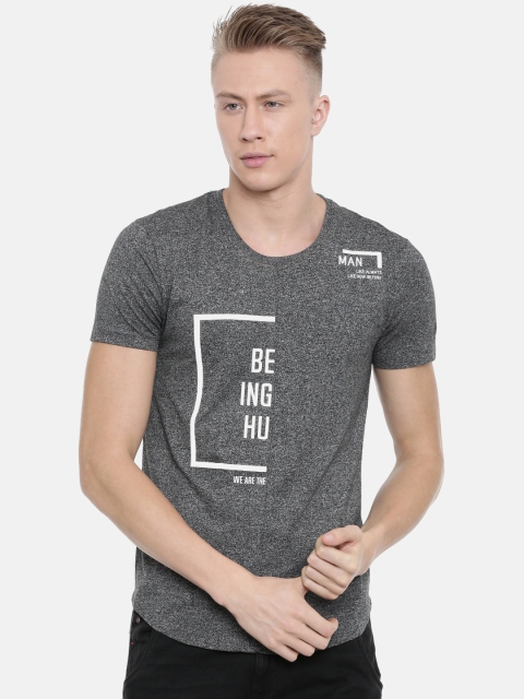 

Being Human Men Grey Melange Printed Round Neck T-shirt