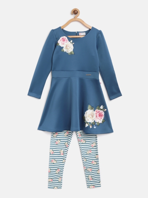 

Peppermint Girls Blue Solid Fit and Flare Dress with Leggings
