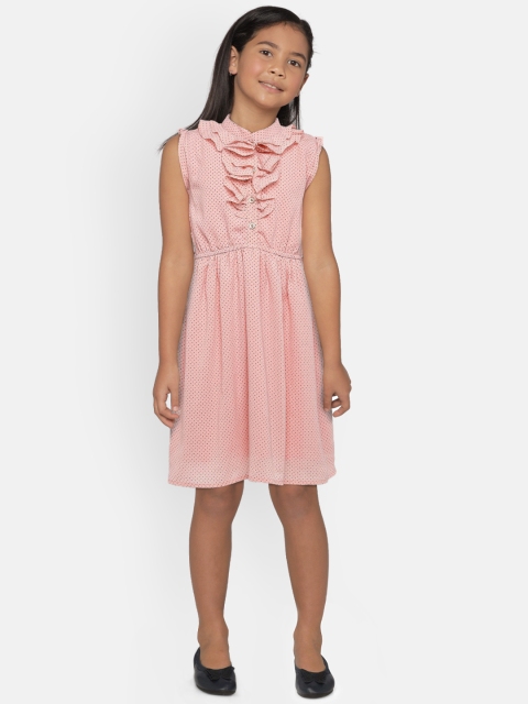 

Peppermint Girls Peach-Coloured & Black Printed Fit and Flare Dress