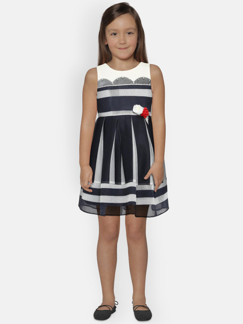 

Peppermint Girls Navy Blue Striped Fit and Flare Dress