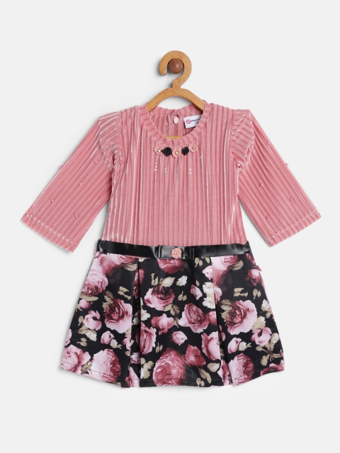 

Peppermint Girls Peach-Coloured & Black Printed Fit and Flare Dress