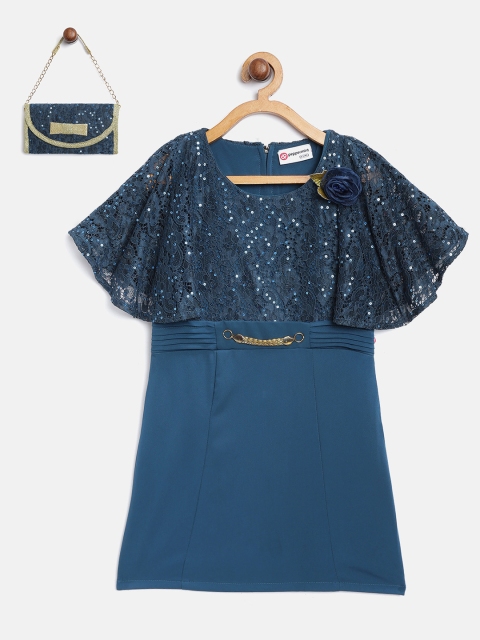 

Peppermint Girls Teal Blue Sequinned Lace A-Line Dress with Sling Bag