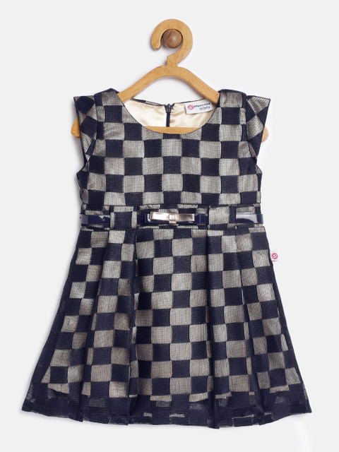 

Peppermint Girls Self Checked Navy Blue Fit and Flare Dress