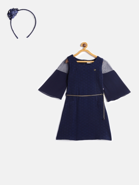 

Peppermint Girls Navy Blue Self Design A-Line Dress