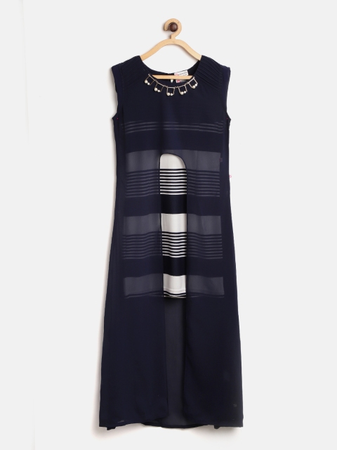 

Peppermint Girls Navy Blue & White Striped Sheath Dress Maxi Layer