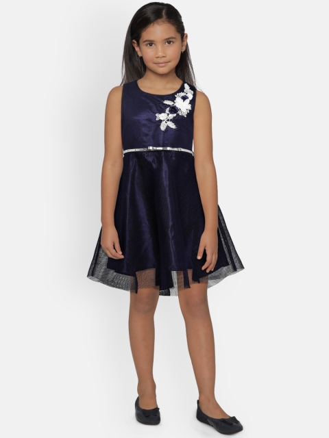 

Peppermint Girls Navy Blue Self Design Fit and Flare Dress